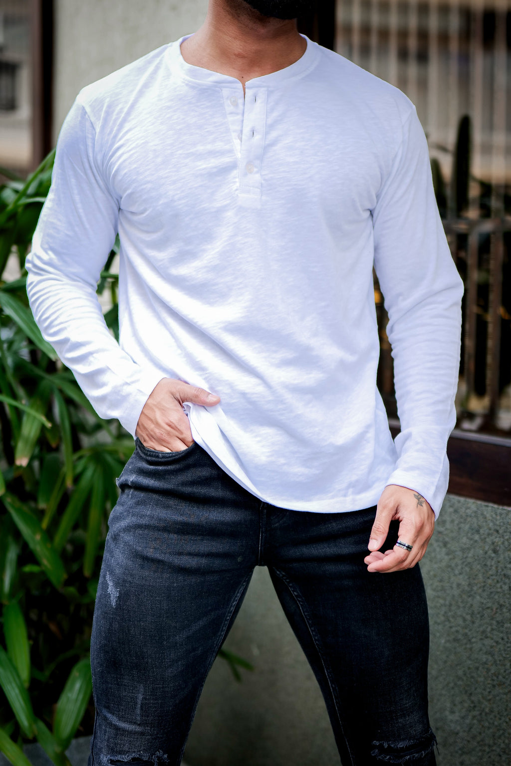 White Self Design Slub Henley T-Shirt