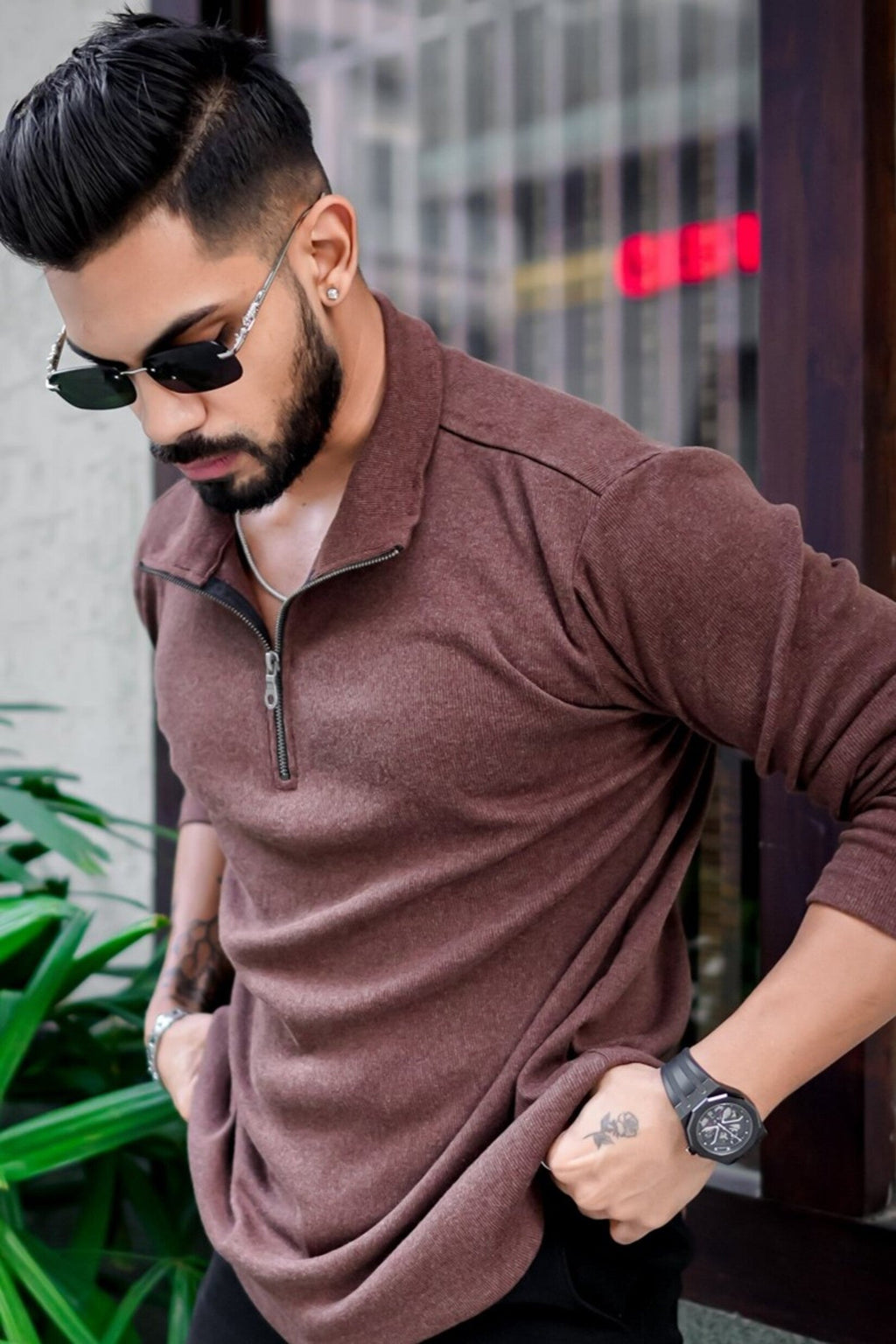 Brown Rib Zipper Self Design T-Shirt