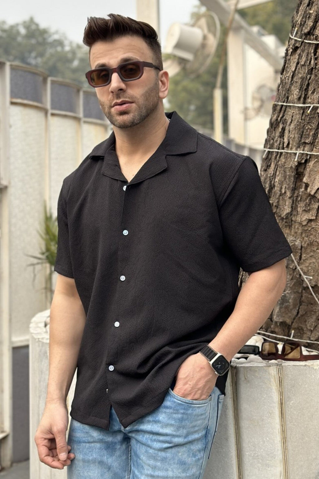 Black Oversized Self Design Shirt