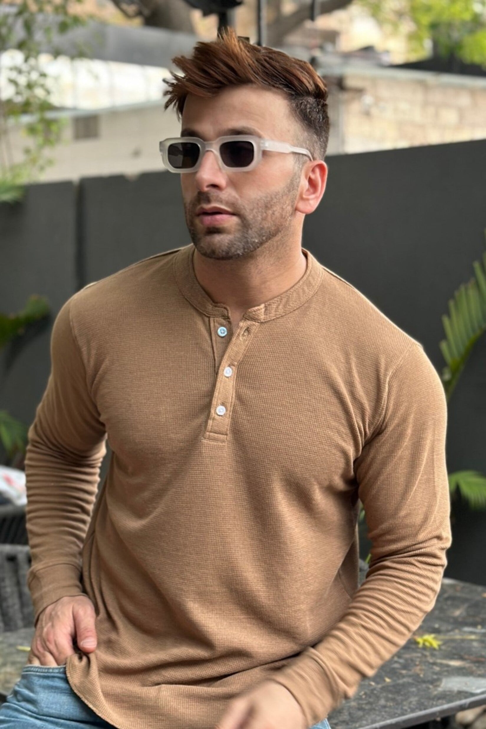 Brown Self Design Waffle Knit Henley T-Shirt