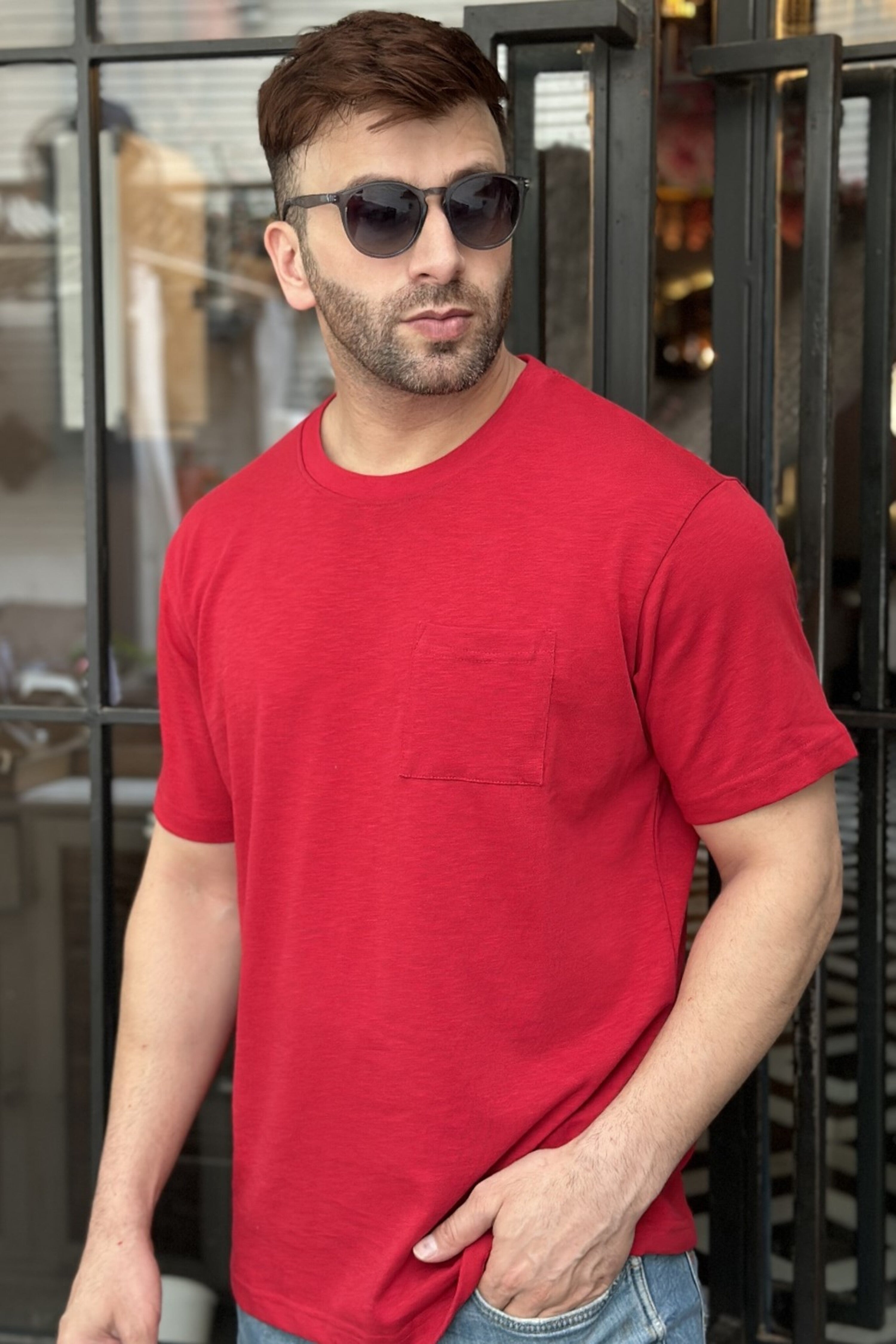 Maroon Oversized Self Design Pocket T-Shirt