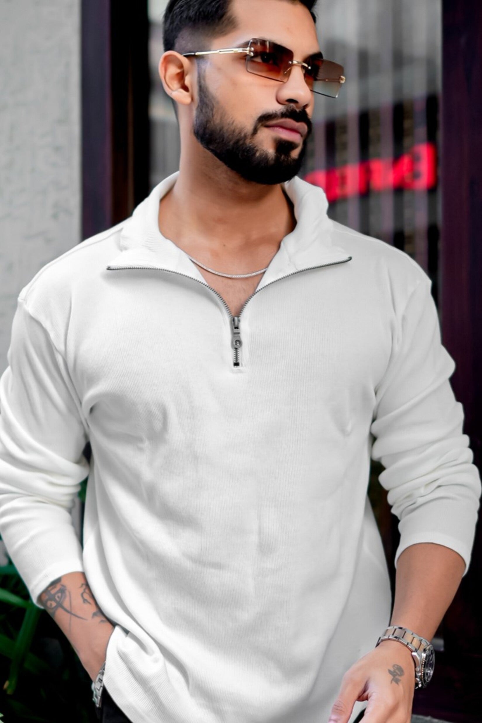 White Self Design Zipper T-Shirt